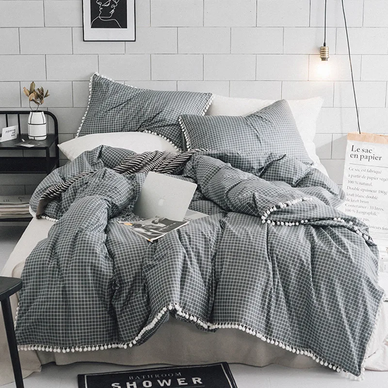 

Ins Simple Cotton Washing Cotton 4 Pieces Ball Edge Pure Cotton Bedding set Twin Bedding Set bed cover quilt Cover