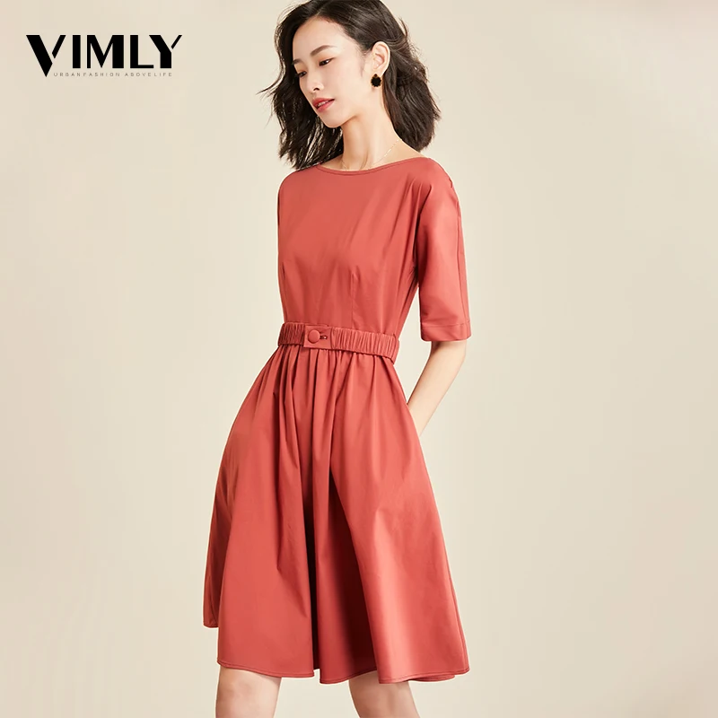 

Vimly Casual Office Dress Half Sleeve Elegant Tunic Solid Dresses Female O Neck Zipper Belted A Line Dress Vestidos OL Style