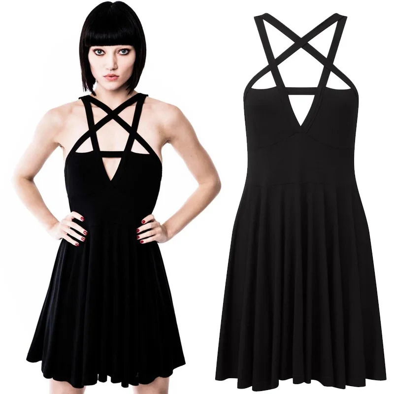

Sexy Women Sleeveless Bandage Gothic Dress Solid Color Spaghetti Strap Pleated Strapless Club Mini Dress Five-pointed Vestidos