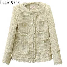 Новые белые Casaco Feminino твидовый пиджак пальто Для женщин Винтаж Роскошные кисточкой с длинным рукавом с перламутровыми пуговицами куртка клетчатая верхняя одежда пальто