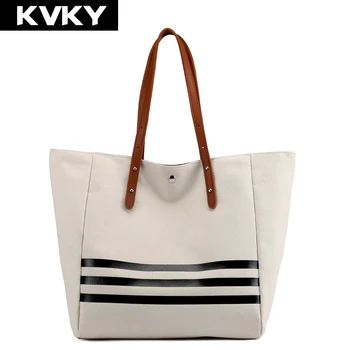 

KVKY Brand Canvas Bag Fashion Women Handbags Stripe Casual Lady Shoulder Bags Large Capacity Female Girl Tote Bag Bolsa Feminina