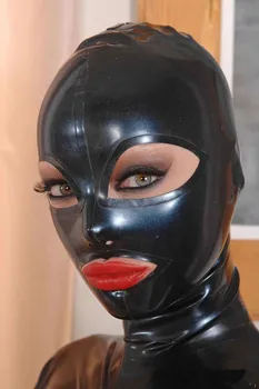 

Sexy Black Full Face Natural Latex Hood Open Eye Mouth for Women Sexy Handmade