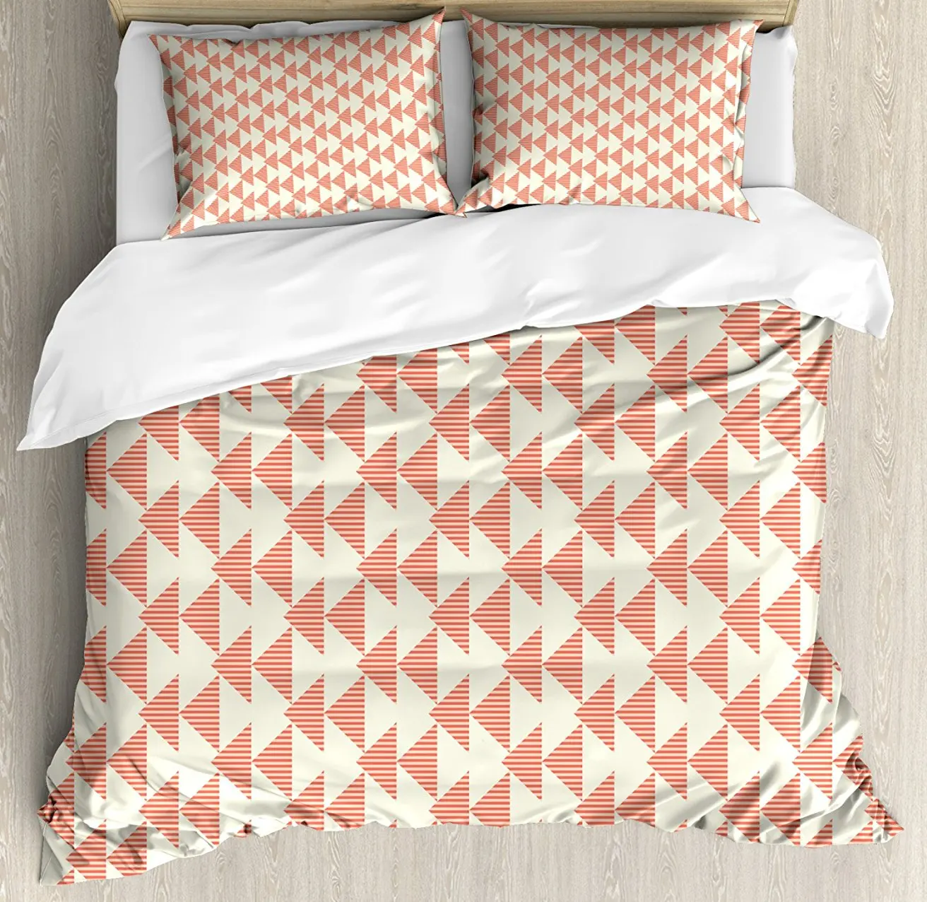 

Duvet Cover Set, Triangles with Stripes Pattern Geometric Illustration Angled Shapes Design, 4 Piece Bedding Set