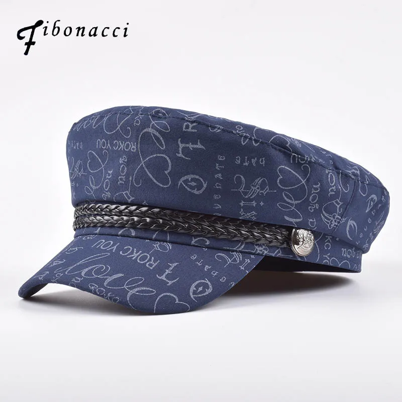 

Fibonacci 2019 New High Quality Women Military Cap Fashion Printing Flat Top Men Army Hat