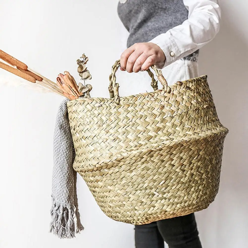 Straw Foldable Hanging Rattan Flower Basket Handmade Wicker Plant Pot Planter Modern Flowerpot Home Decorative