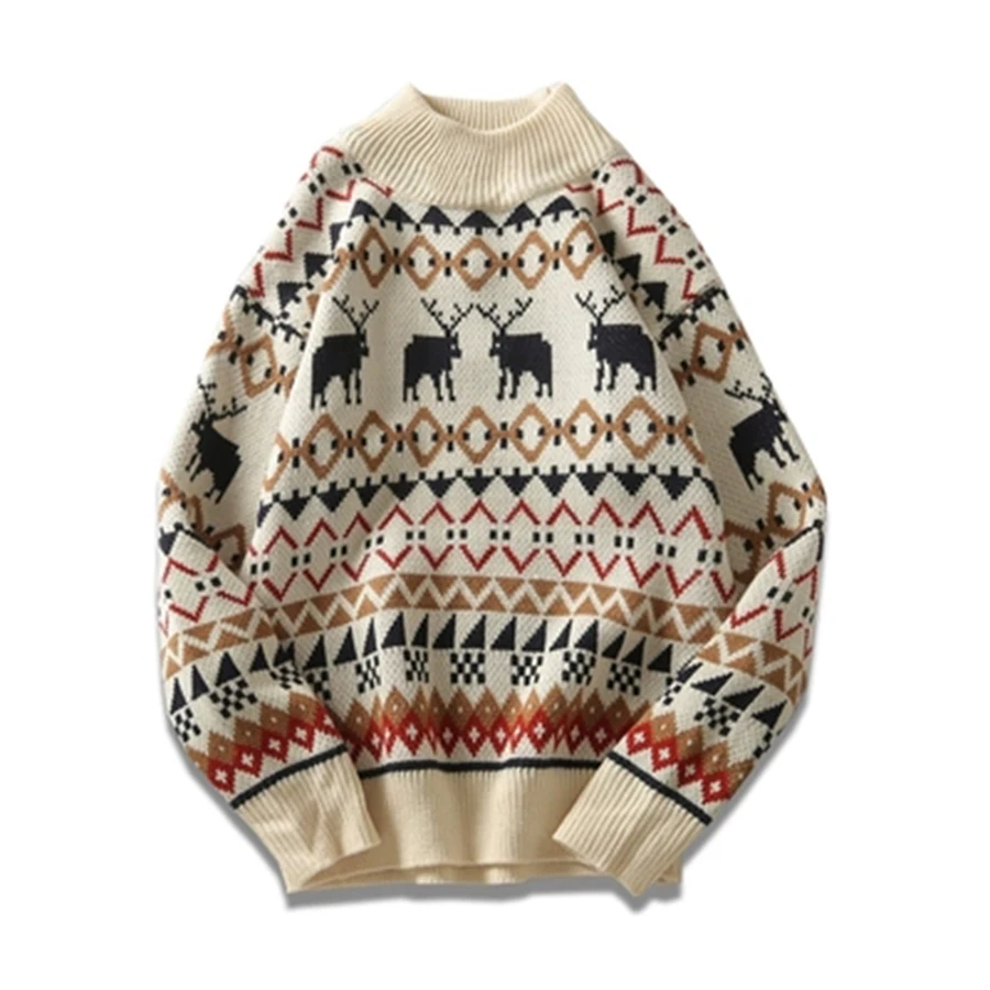 

Harajuku Sweater With Deer Plus Size Mens Half-High Collar Knit Sweater Neck Hem Men Geometric Pattern Jumper Christmas 40MY019