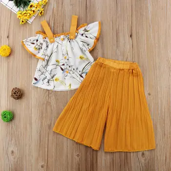 

Boutique Infant Toddler Kid Baby Girls Causal Flowers Sling Shoulderless Top Wide Yellow Long Pants Outfits Set Clothes