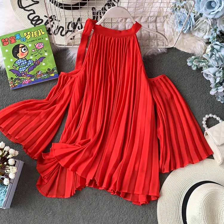 

2019 Summer Women Pleated Chiffon Tops Woman Hollow Out Shouler Chiffon Blouses Lady Flare Sleeve Pleated Tops