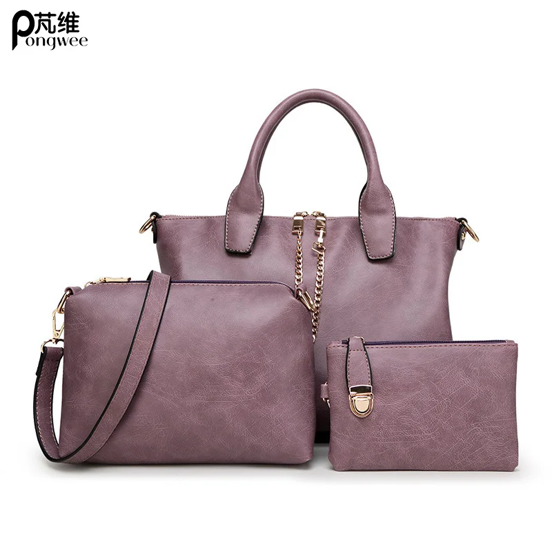 

PONGWEE 3 Pcs/Set Vintage Handbags Women Messenger Bags Female Purse Solid Shoulder Bags Office Lady Casual Tote Brand Bag