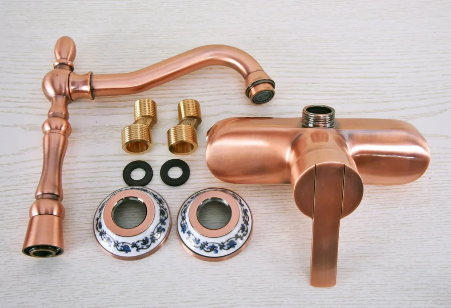 Antique Red Copper Brass Wall Mounted Bathroom Kitchen Sink Faucet Swivel Spout Mixer Tap Single Handle Lever anf938