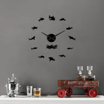 

Mirror Effect Large Wall Silent Quartz Clocks 3D Unique Ocean Sharks Watch Art Design DIY Decor For Home Office Kids Room