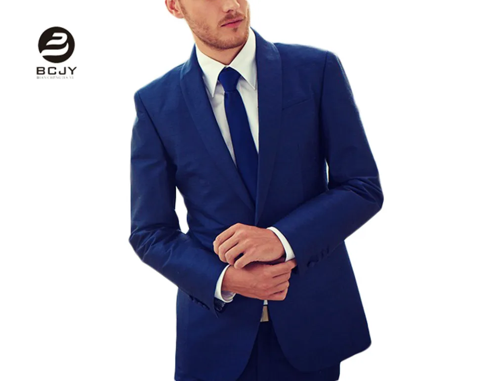 2 Pieces Men Suits Blue Shawl Lapel Slim Fit Wedding Suits for Men (Jacket+Pants+Tie) Groom Tuxedos Groom Suit Business Suits
