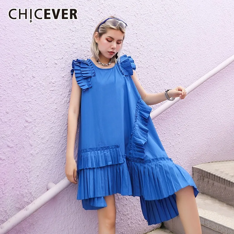 

CHICEVER Summer Casual Solid Patchwork Ruffles Dress For Women O Neck Sleeveless Tank Plus Size Draped Asymmetrical The Dresses