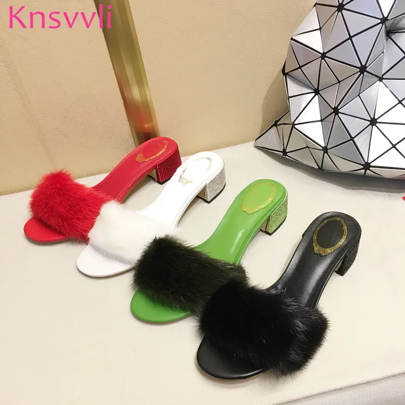 

Fashion rhinestone studded Heels genuine leather mules shoes women summer luxury mink hair chunky high heels slippers women