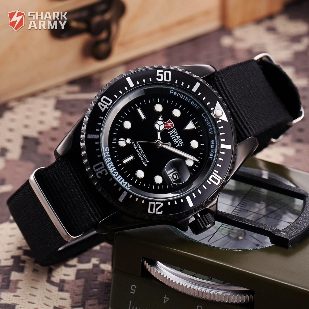 SHARK ARMY Auto Date Display Black Stainless Steel Case Nylon Fabric Strap Men Wrist Watch Quartz Sport reloj hombre Gift/SAW015