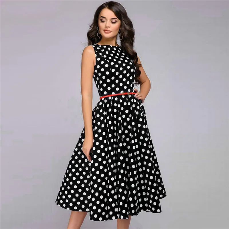 

Summer Dress Women Elegant Dot Print Sleeveless Vintage Zip Flare Retro Knee Length Dress New Sexy Lady dress Vestido