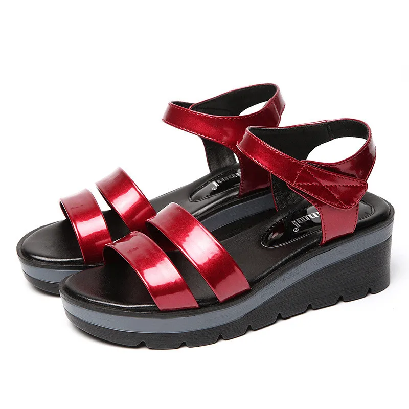 

Black Blue Red Sandals Women Shoes Summer 2019 Open Head Platform Leather Sandals Medium Heels Beach Sandals Ladies 41 42