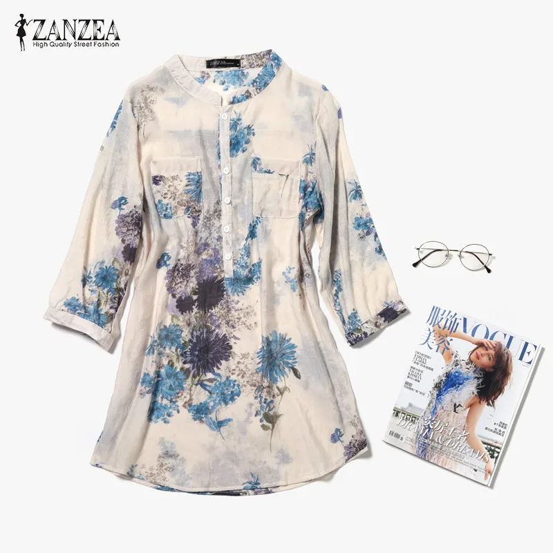 ZANZEA 2018 Women Blouses Casual Vintage Floral Printed Long Tops Fashion V Neck Button Linen Shirts Plus Size Blusas Femininas
