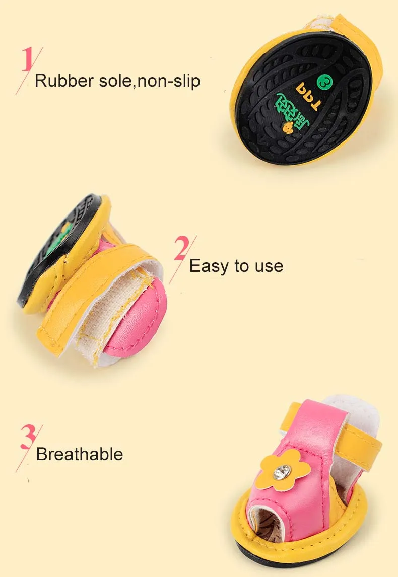 SYDZSW Petshop Dog Shoes Pet Candy Color PU Leather Boots Protective for Small Dogs Chihuahua One Diamond Sandal Dog Products3