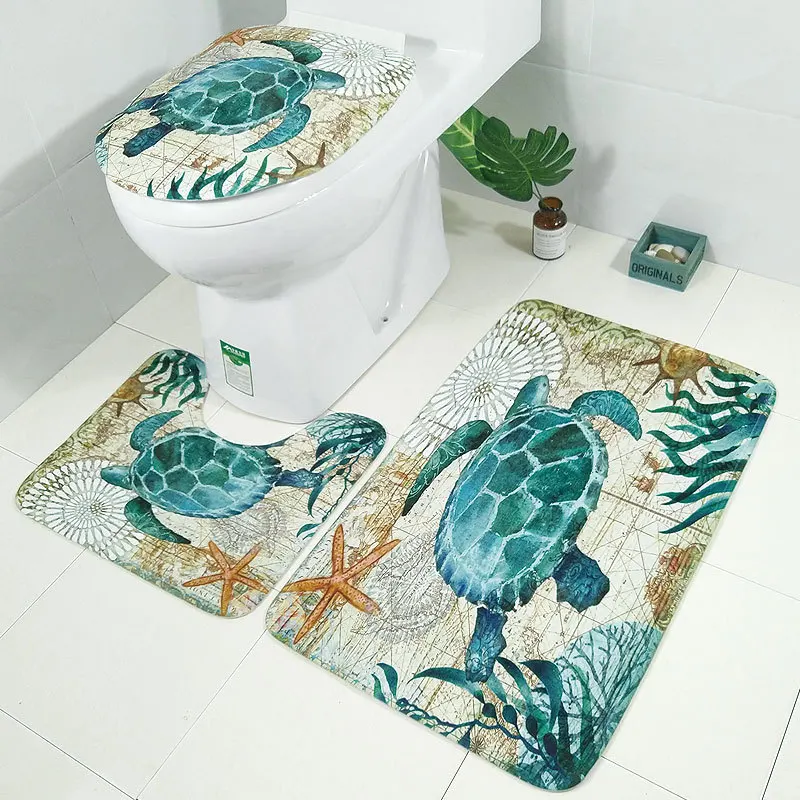 

3pcs/set Sea Animal Non Slip Toilet Bathroom Pad Floor Mat Rug Carpet Absorbent Pedestal Rug Lid Toilet Cover Bath Mat