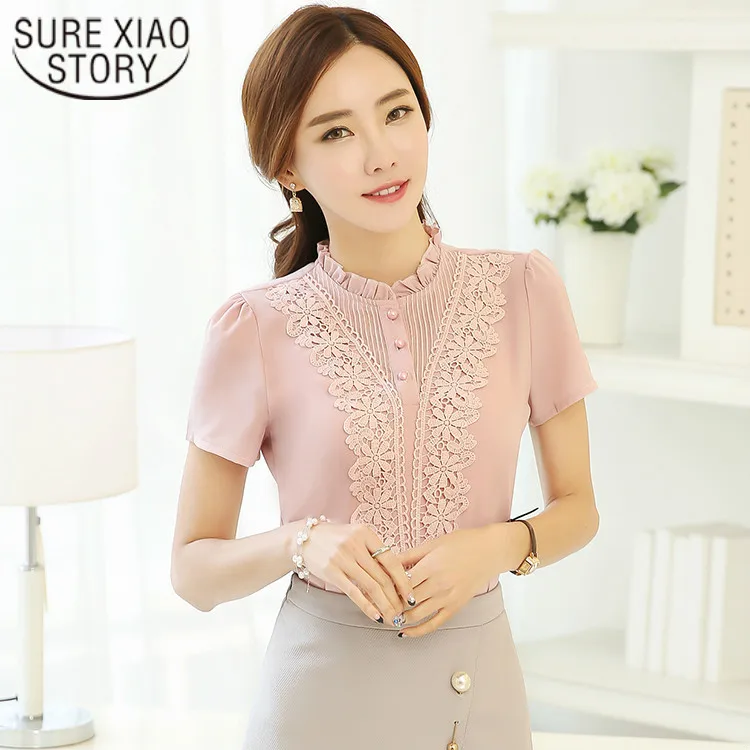 Vente 2017 Mode Dentelle Mousseline de Soie Tops À Manches Courtes D été Femmes Chemise Coréenne Évider Dames Blusas Bureau Femelle Vêtements 37F 30