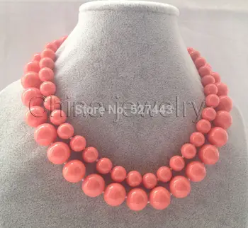 

Prett Lovely Women's Wedding Wholesale shipping >>Beautiful 17-18" 2row 10-14mm pink coral color south sea shell pearl neck