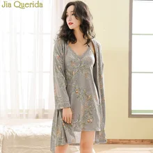 Sexy Nightgown Robe Set Women Lingerie with Robe Grey Floral 100% Pure Cotton V-neck Lace Trim Gowns+Belted Kimono Bathrobe Set scallop trim floral lace lingerie set