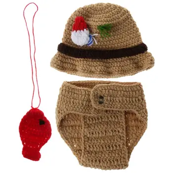 

Baby Costume Fisherman Hat Trousers Pendant Crochet Knitted Woolen Funny Cosplay Props Clothing Newborn Photo Shot Lovely