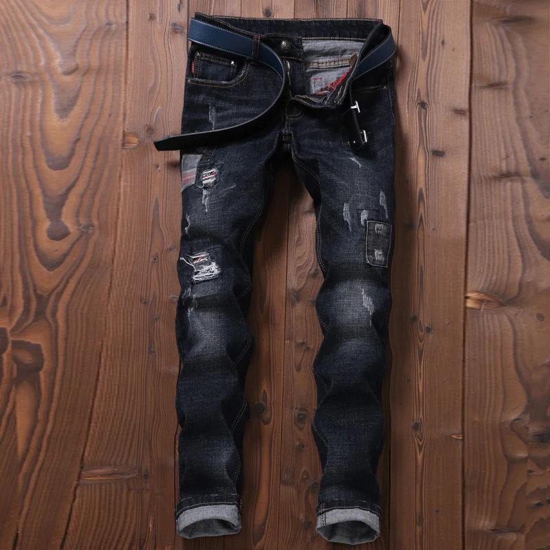 Mince Longueur Pleine Déchiré Vintage Épissage Pantalons Denim Trous D'été Pantalon Hommes Jeans Droite Moto Noir FqEZZw