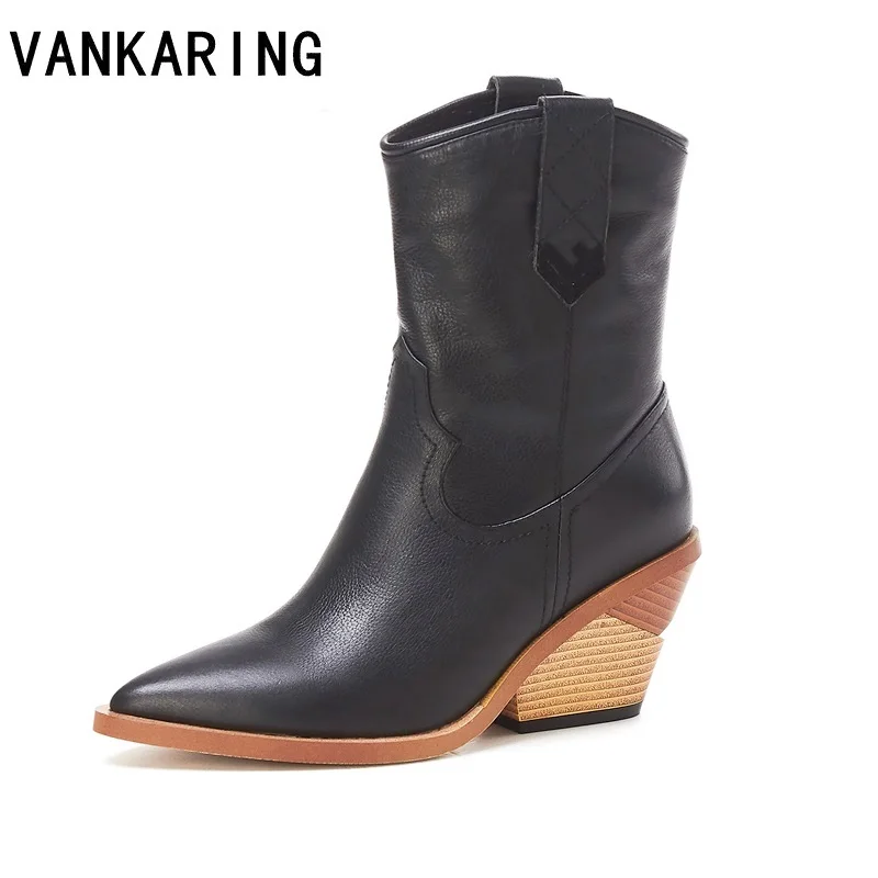 

brand fashion embossed soft leather women's ankle boots pointed toe platform cowboy boots women wedges riding high heels boots