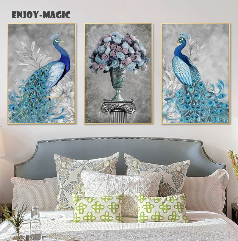 

Home Decor Canvas Poster Peacock vase flower Home Decoration Wall Art Modern 3 Piece HD Oil Painting Picture Panel Print B-040