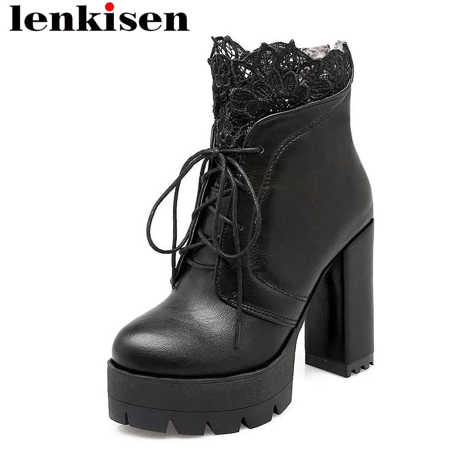 

Lenkisen platform pu square super high heels zip lace round toe big size 34-43 black white color mature women ankle boots L9f6