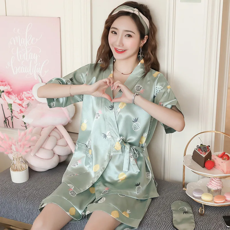 Кимоно в японском стиле, пижамы, летние шелковые пижамы с короткими рукавами в Корейском стиле, домашний комплект из двух предметов для студентов, Can Ou - Цвет: Зеленый