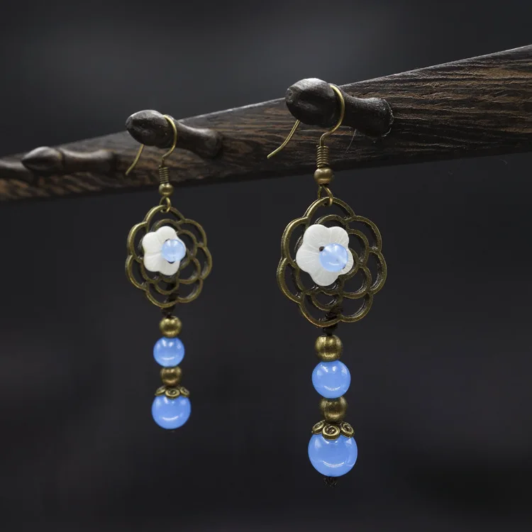 

vintage ethnic jewelry dangle earrings,fashion nature blue chalcedony beads vintage earrings,new shell flowers ethnic earrings
