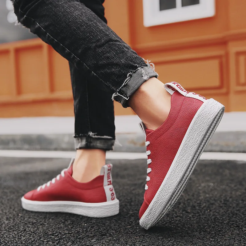 

Fashion Sewing Shallow Casual Vulcanize Shoes for Men Solid Spring Autumm PU Flat Shoes Low Cut Lace-Up Boys Students Sneakers