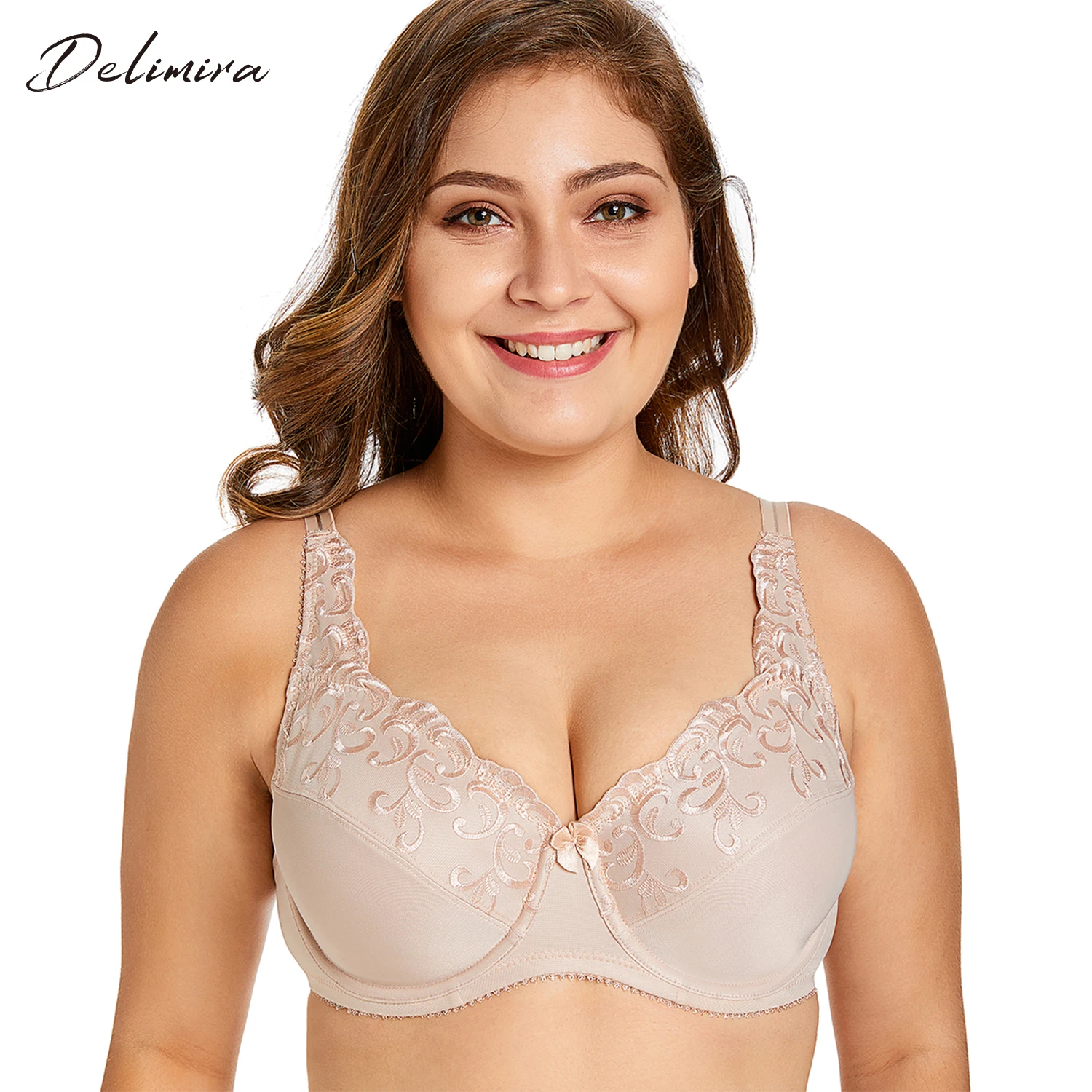Delimira Women's Floral Embroidered Minimizer Full Coverage Bra