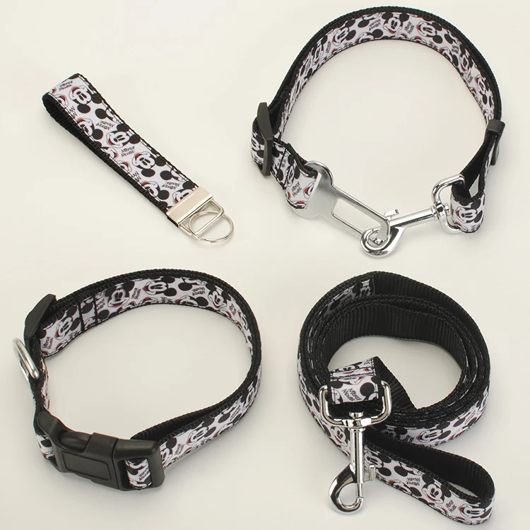 

New single sell Dog Leash, Dog Collar, Safety Belt,Key Fob ,1 inch Mickey head pattern printed ribbon