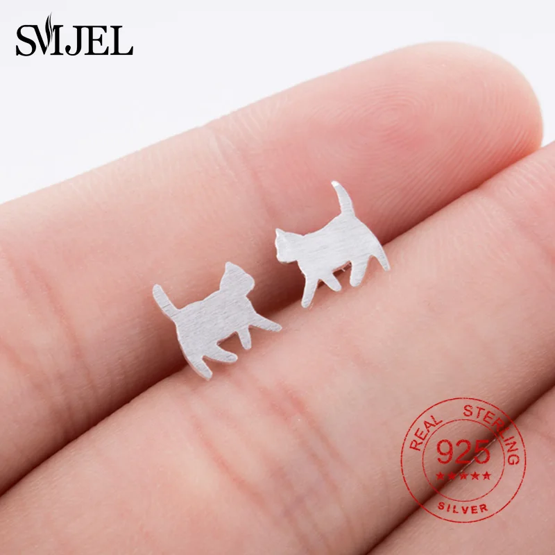 

SMJEL Fashion Earings Lovely Silver Cute Cat Earrings 925 Sterling Silver Jewelry Cute Cat Stud Earrings For Women Girls Gift
