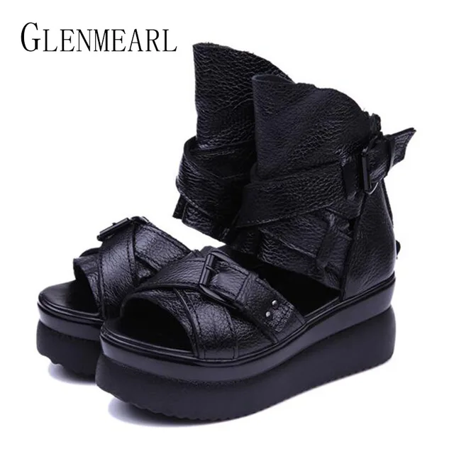 2018 Summer Genuine Leather Women Sandals Platform Women Shoes Wedge Heel Fish Head High Heels Black Sandals Singles Shoes 20