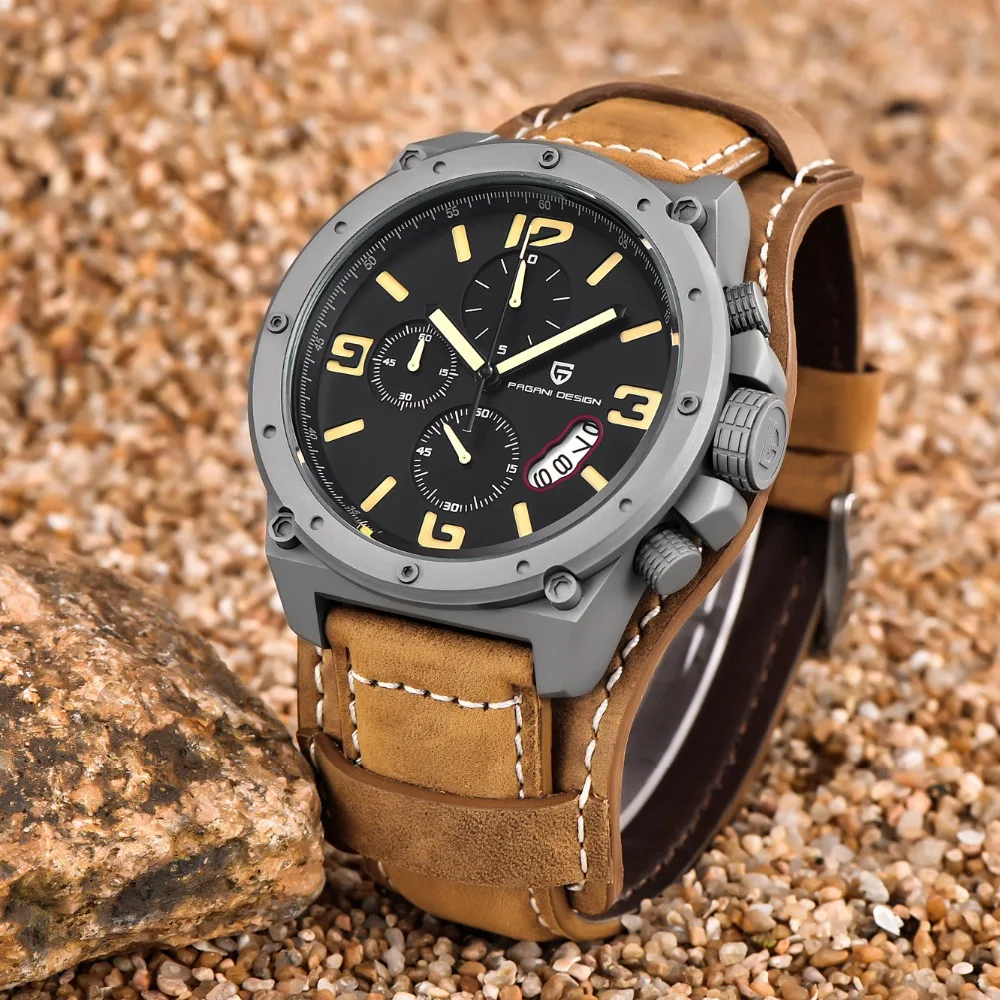 

PAGANI DESIGN Watches Men Military Leather Quartz Watch Multifunction Chronograph Sports Wristwatch relogio masculino PD-2692