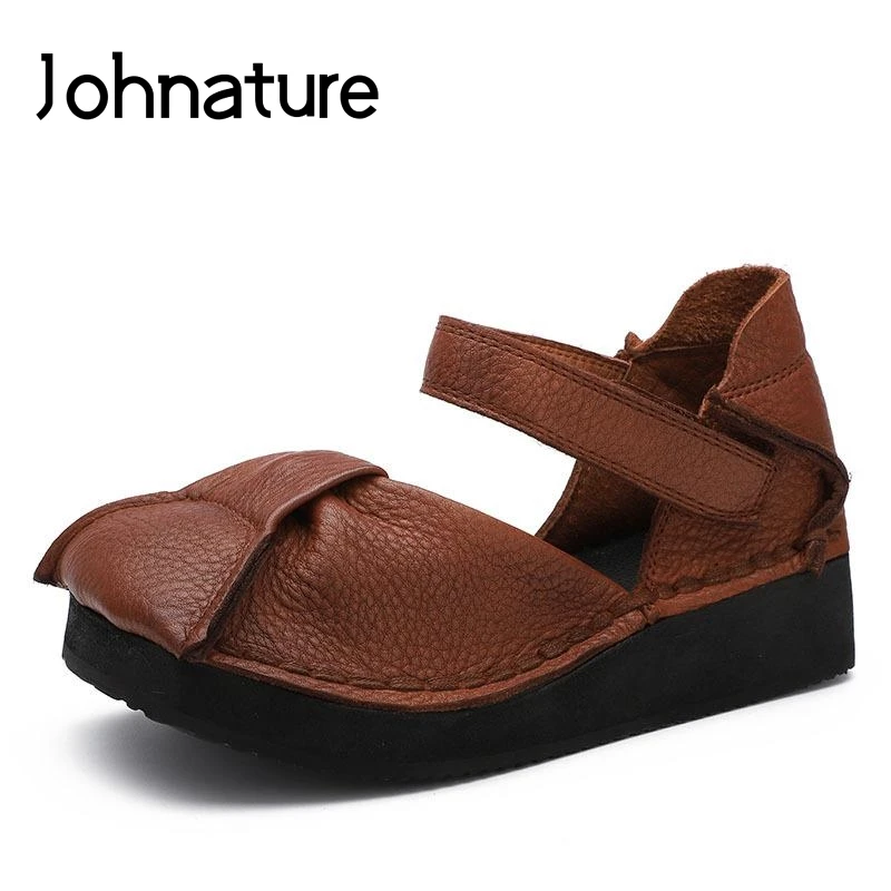 

Johnature 2019 Summer New Genuine Leather Retro Solid Casual Ankle Strap Hook & Loop Sandal For Women Platform