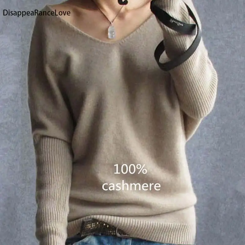 2019 Spring Autumn Cashmere Sweaters Women Fashion Sexy V-Neck Sweater Loose 100% Wool Sweater Batwing Sleeve Plus Size Pullover