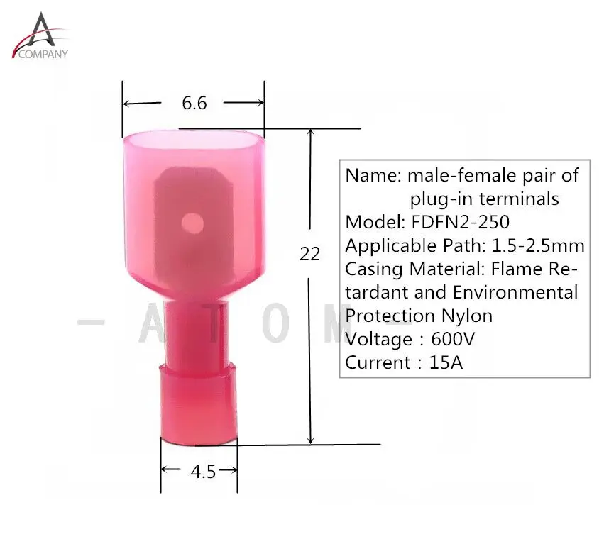 100 шт Красный нейлоновый мужской женский полностью изолированный терминал FDFN(MDFN) 1,25-250 6,3 штепсельные Пружинные изолированные клеммы Терминатор tmh