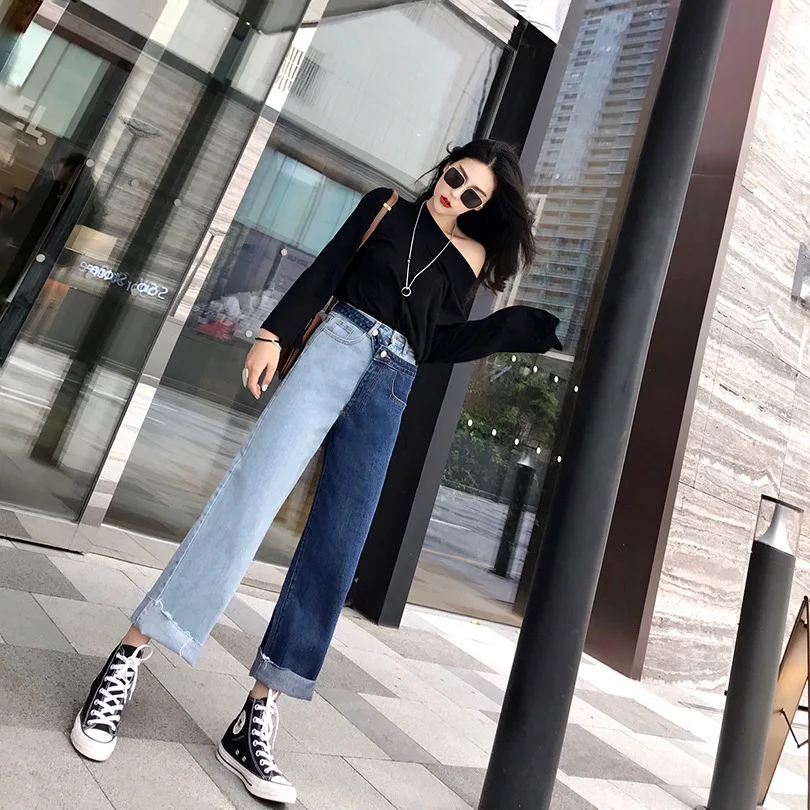 spring New style mock two-piece contrasting color stitching jeans women's Hong Kong-style slimming straight-cut ankle-lengt