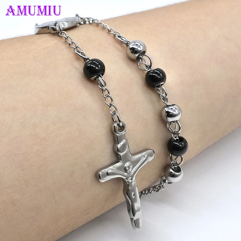 

AMUMIU 6MM Men Women Rosary Bracelet Stainless Steel Beads Cross Religious Jewelry B019C