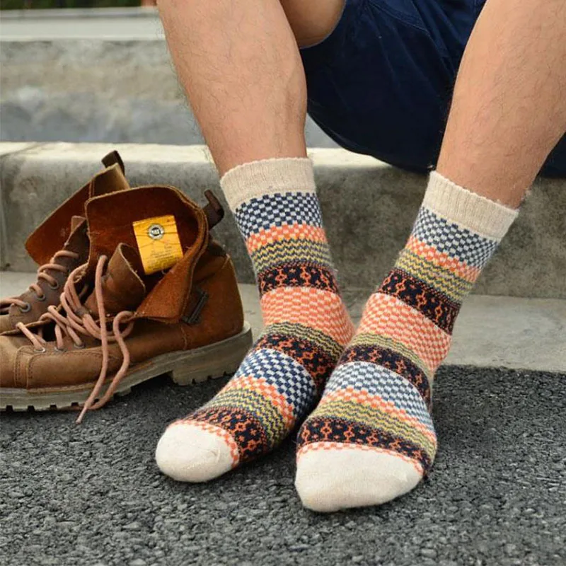 Mens Winter Striped Warm Thick Wool Socks Cotton meias Mixture Vintage Men Retro Plaid Casual Dress Cheap Socks calcetines