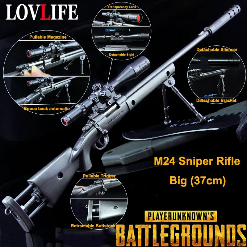 

37cm PUBG M24 Sniper Rifle Gun Model Keychain Retractable Buttstock Detachable Silencer Bracket Alloy Weapon Toy Key Chains