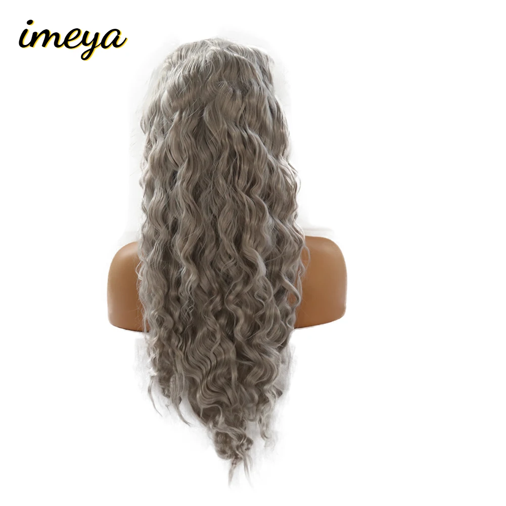 Imeya Long Grey Color Lace Front Wigs Wave Synthetic With Baby Hair High Temperature Heat Resistant Half Hand Tied For Women