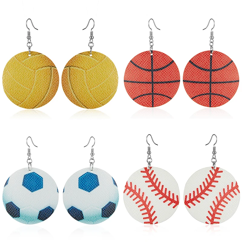 

Fashion 4.5*7.3cm PU Leather Prints Football Soccerball Softball Earrings Round Shape Dangle Earrings Sport Jewelry for Women
