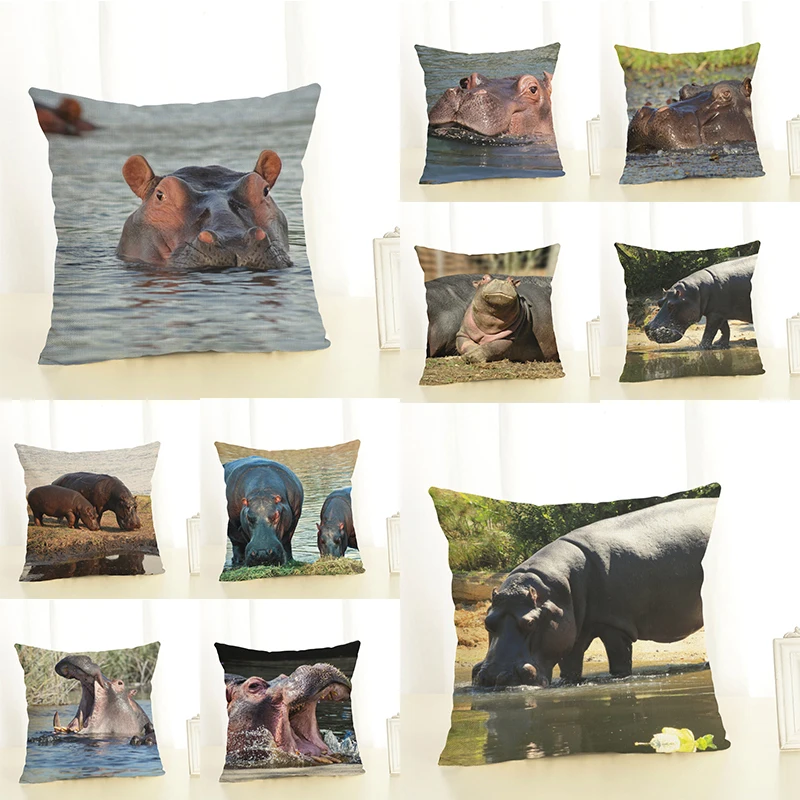 

Big Animals Printed Hippopotamus Cushion Cover 45x45cm Linen Throw Pillow Cover Farmhouse Decor Cuscini Decorativi Pillowcases